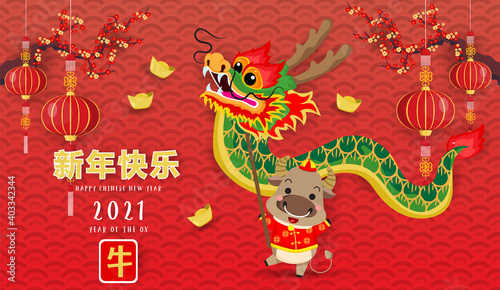 Chinese new year 2021. Year of the ox. Background for greetings card  flyers  invitation. Chinese Translation Happy Chinese new Year ox.