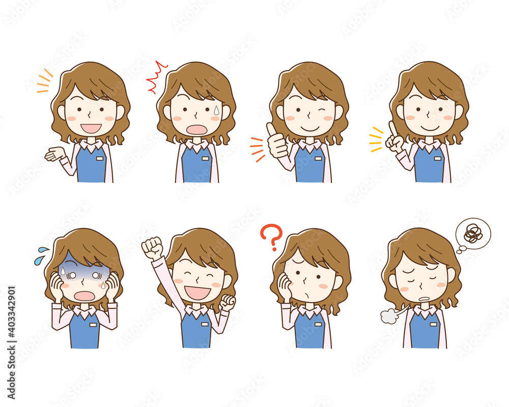 若い女性会社員の表情ポーズイラストセット