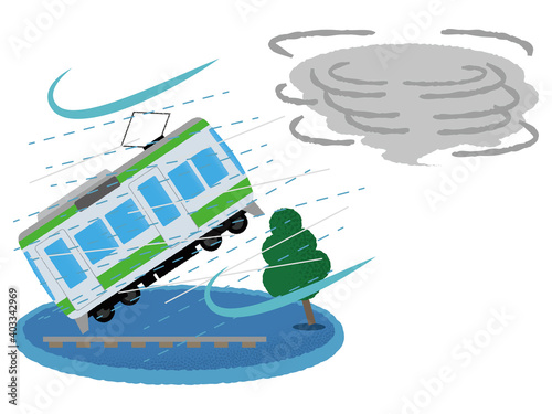  台風の被害に遭う電車のベクターイラスト
