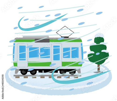 吹雪の被害に遭う電車のベクターイラスト
