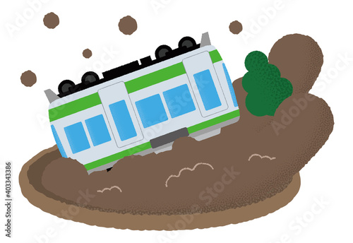 土砂災害に遭う電車のベクターイラスト