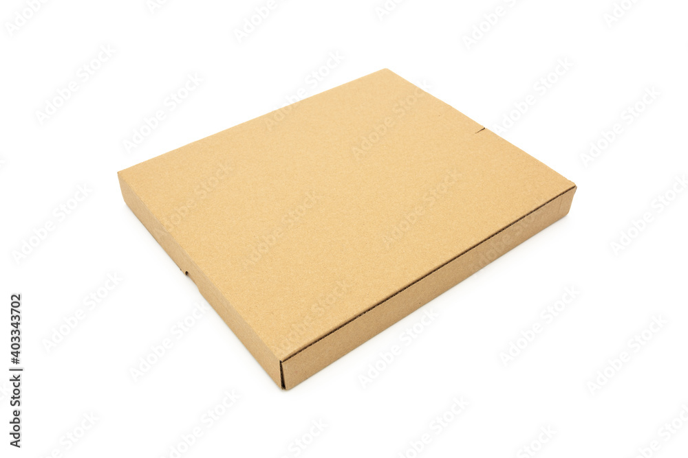 Closeup of a courier packaging thin kraft paper box on white background Closeup of a courier packaging thin kraft paper box on white background