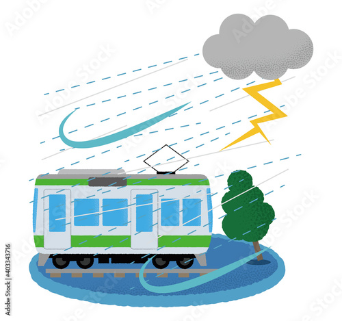 雷雨の被害に遭う電車のベクターイラスト