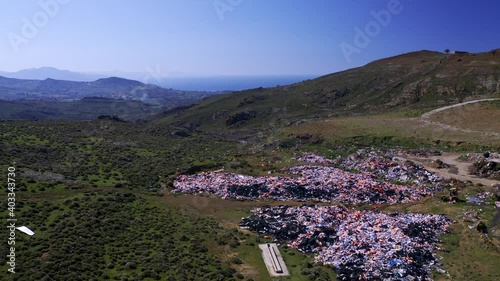 Aerial view of life jackets and trash left on Lesbos Island by refugees
