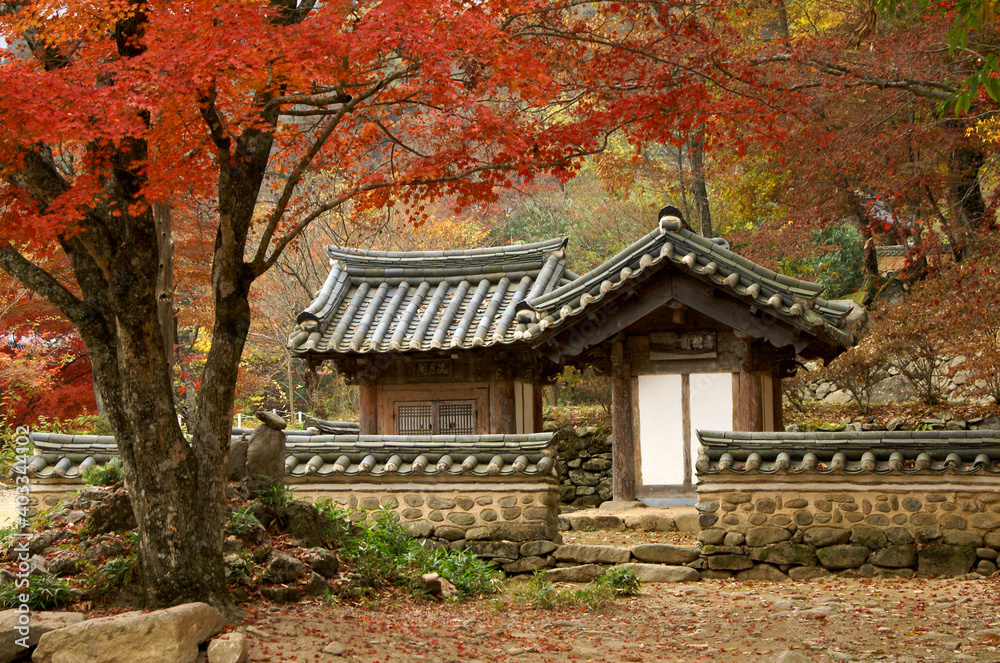Near Suncheon, South Korea, in Jogyesan Provincial Park, Seonamsa's unadorned, weathered-wood temple exteriors exude a feeling of age and grace. Near Suncheon, South Korea, in Jogyesan Provincial Park, Seonamsa's unadorned, weathered-wood temple exteriors exude a feeling of age and grace.