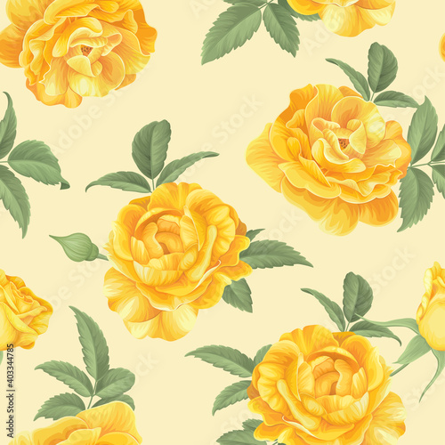 Seamless pattern of yellow rose flower with bud and leaves background. Vector set of blooming flower for adornment for wedding invitations, holiday, greeting card and textile fashion design. © mamsizz