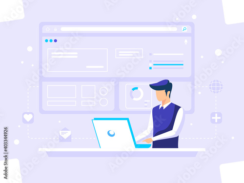 Digital graphic concept. male worker presenting in front screen. used for web, posters, flyers. flat vector illustration.