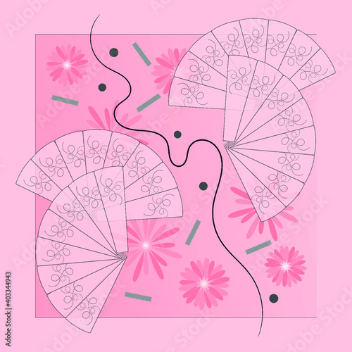 Abstract composition of embellished pink folding fans  with flowers and other embellishments  on a pink background