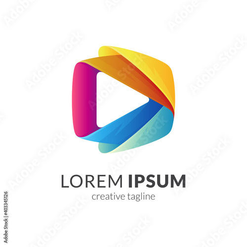 Media play app technology logo with 3d layer concept