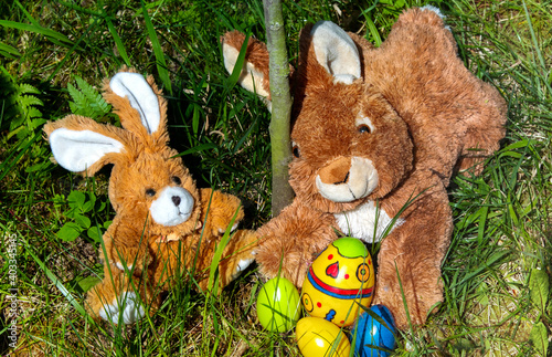Two brown Soft toy bunnys and Easter eggs on green grass