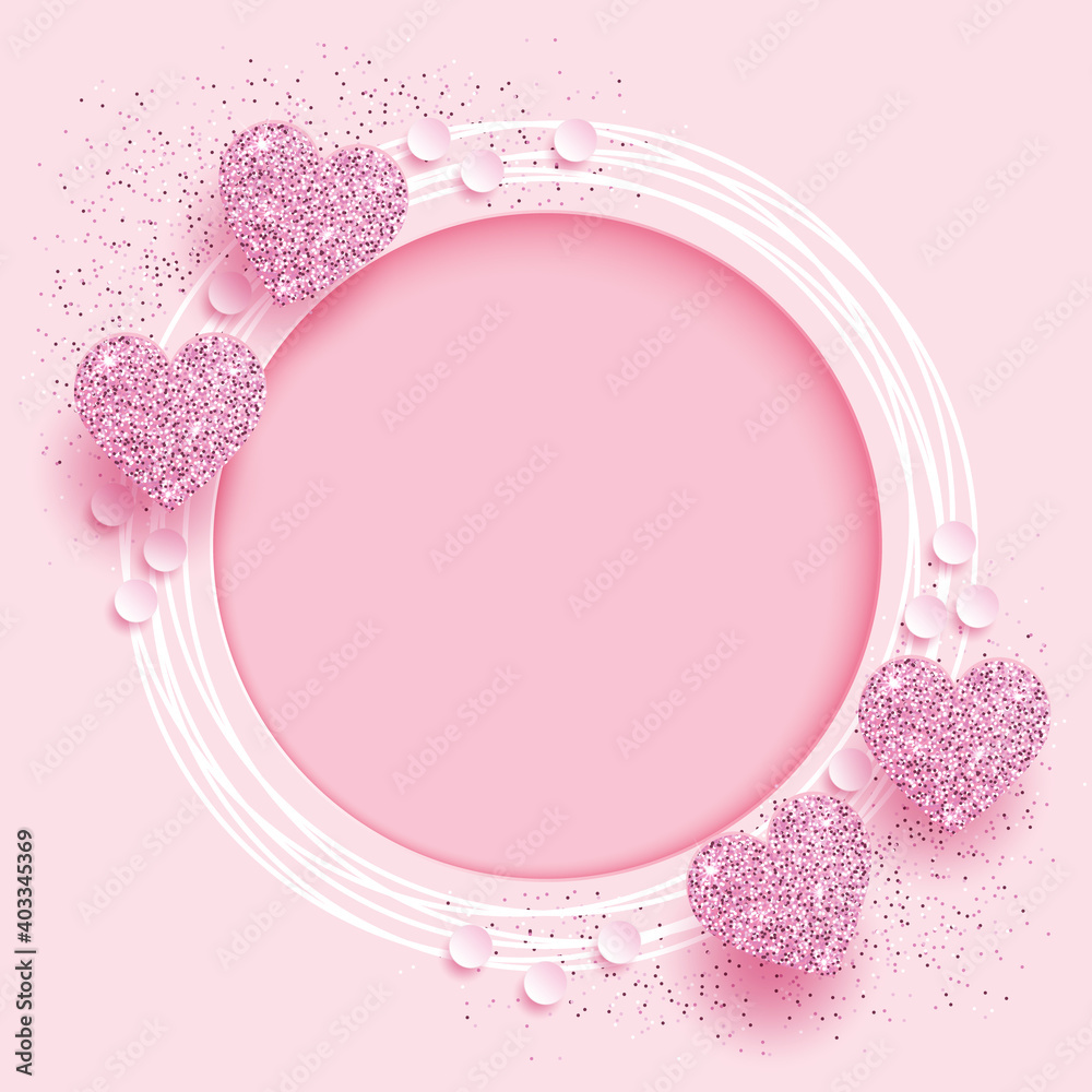 Love and valentine’s day concept with pink shiny paper heart and white ornamental circle frame on pink background. Vector illustration