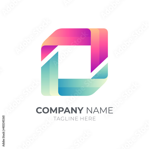 Letter O logo in square shape with ribbon 3d concept