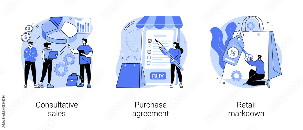 Marketing and promotion abstract concept vector illustration set. Consultative sales, purchase agreement, retail markdown, terms and conditions, product price, b2b selling, discount abstract metaphor.