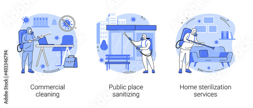 Covid19 virus spread control abstract concept vector illustration set. Commercial cleaning, public place sanitizing, home sterilization services, personal hygiene, office cleanup abstract metaphor.