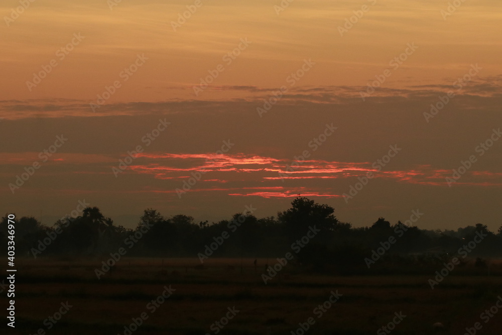 Fototapeta premium The orange light from sunrise ,silhouette and clouds sky in the morning