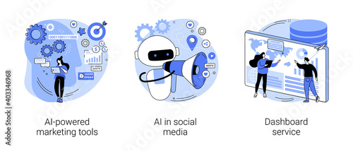 Artificial intelligence for business abstract concept vector illustration set. AI-powered marketing tool, AI in social media, dashboard service, machine learning, target advertising abstract metaphor.