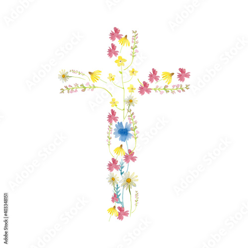 Easter cross made of watercolor flowers isolated on a white background