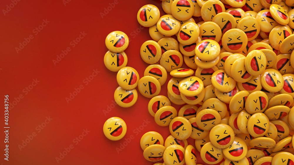 © MMollaretti - 3d rendering of a bunch of yellow laughing emojis glossy pills over red background