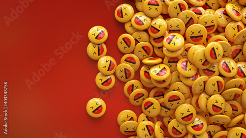 3d rendering of a bunch of yellow laughing emojis glossy pills over red background