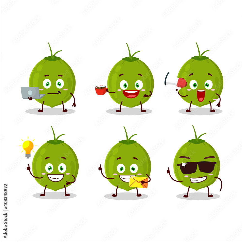 Obraz premium Green coconut cartoon character with various types of business emoticons