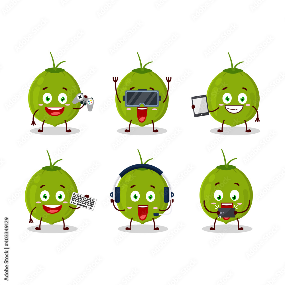 Green coconut cartoon character are playing games with various cute emoticons Green coconut cartoon character are playing games with various cute emoticons