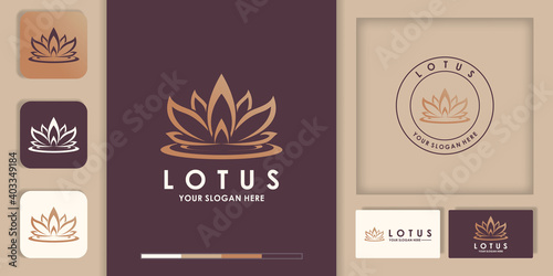 floating lotus line art logo design, and business card design