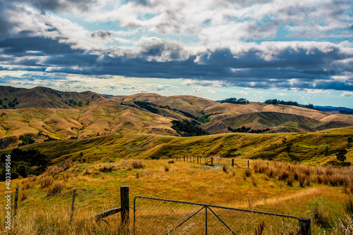 Rural agricultural farm country on the dry rolling hills near the Tora Coast in the Wairarapa