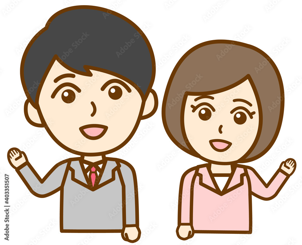 片手を上げて案内誘導するスーツ姿の社会人男女の上半身イラスト 片手を上げて案内誘導するスーツ姿の社会人男女の上半身イラスト