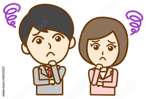 不満を持つスーツ姿の社会人男女の上半身イラスト