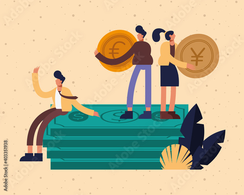 Businesspeople with bills and coins vector design