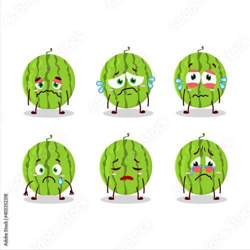 Green watermelon cartoon character with sad expression
