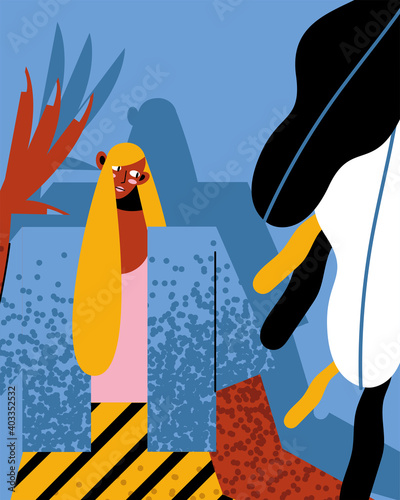 woman cartoon with street style on leaves background vector design