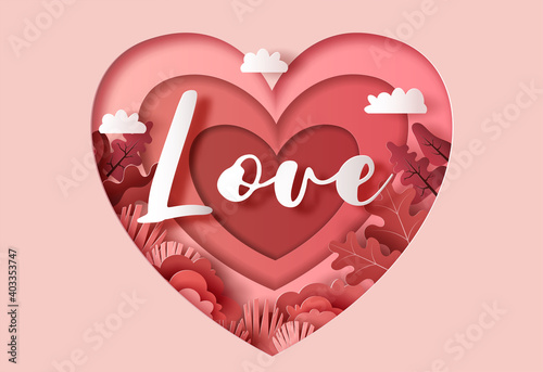 Heart shape with many plants and trees in paper illustration, 3d paper.