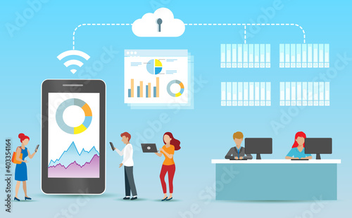 Big data storage distribution, clouds computing and innovation technology concept. People access to data analytics on smartphone and laptop via clouds computing service.