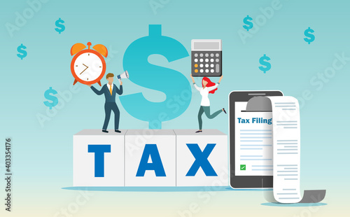 Income tax filing, tax return, refund and financial technology concept. Businessman report online tax filing on smart phone with printed document receipt.