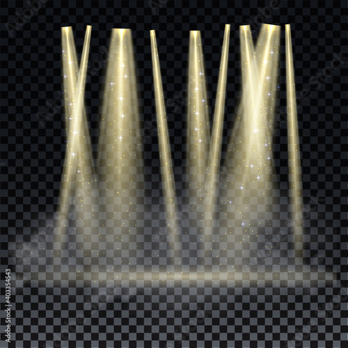 Gold spotlight. Bright lighting with spotlights of the stage on transparent background.