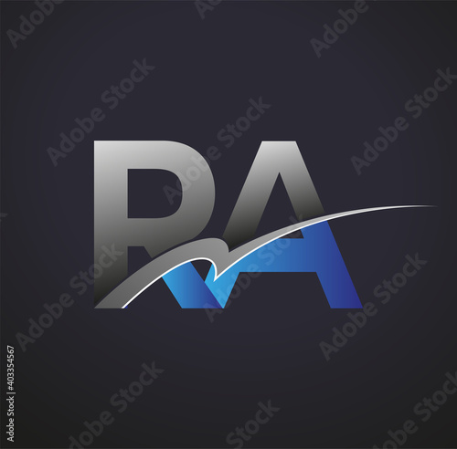 initial letter RA logotype company name colored blue and grey swoosh design. vector logo for business and company identity.