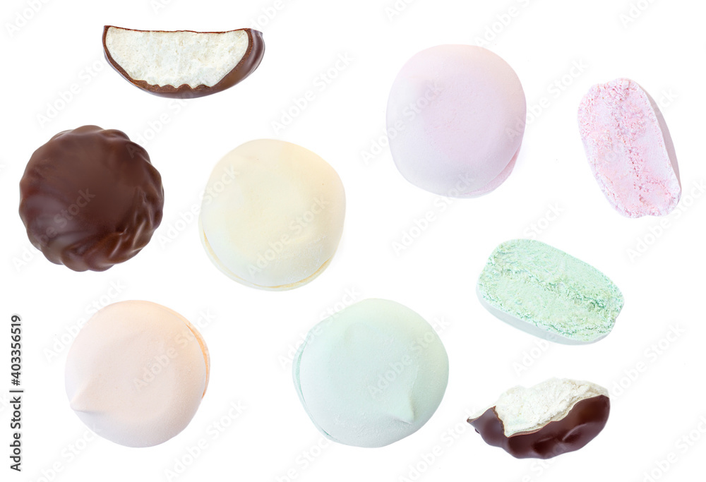 Multicolored marshmallows (zefir) isolated on white background. Pattern of Sweet Round airy marshmallows top view. Flat lay.. Multicolored marshmallows (zefir) isolated on white background. Pattern of Sweet Round airy marshmallows top view. Flat lay..