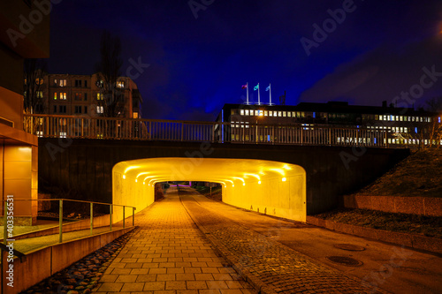 Photography Stockholm, Sweden  A pedestrian tunnel in the Huvudsta suburb at night