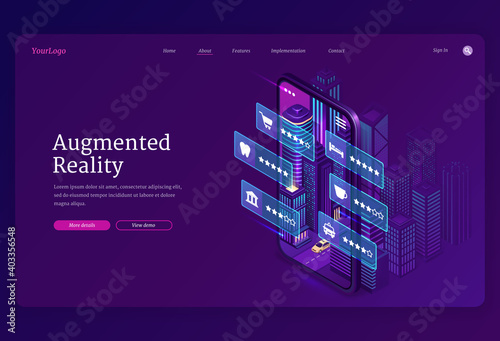 Augmented reality banner. AR technologies, smart app for mobile phone with virtual infographic. Vector landing page with isometric city and smartphone with icons of urban infrastructure