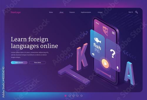 Online foreign language learning isometric landing page. Mobile phone with multilingual application or internet service for education. Smartphone app for studying, 3d vector ultraviolet web banner