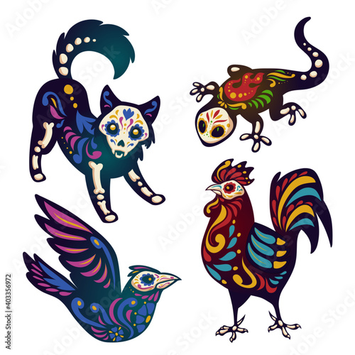 Dia de los Muertos, mexican Day of Dead with animals skeletons. Vector cartoon set of black dog, bird, rooster and lizard with colorful pattern of bones, skulls, fire and flowers isolated on white