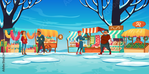 Christmas market with stalls, sellers and customers, winter street fair with booths, traditional sweets and gifts, fir-tree decoration for sale. Kiosks on snowy landscape, Cartoon vector illustration