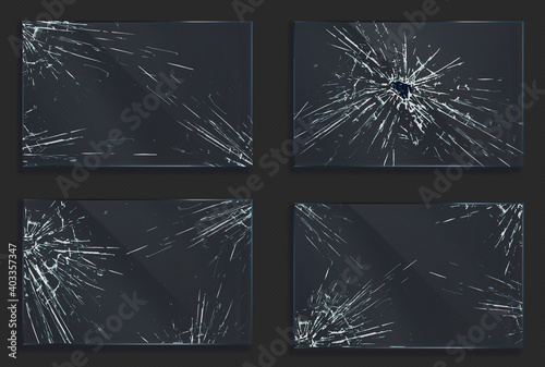 Broken glass with cracks and hole from impact or bullet shot. Rectangular shape clear acrylic or plexiglass frames with crashed texture, scratches and breaks realistic 3d vector illustration, set