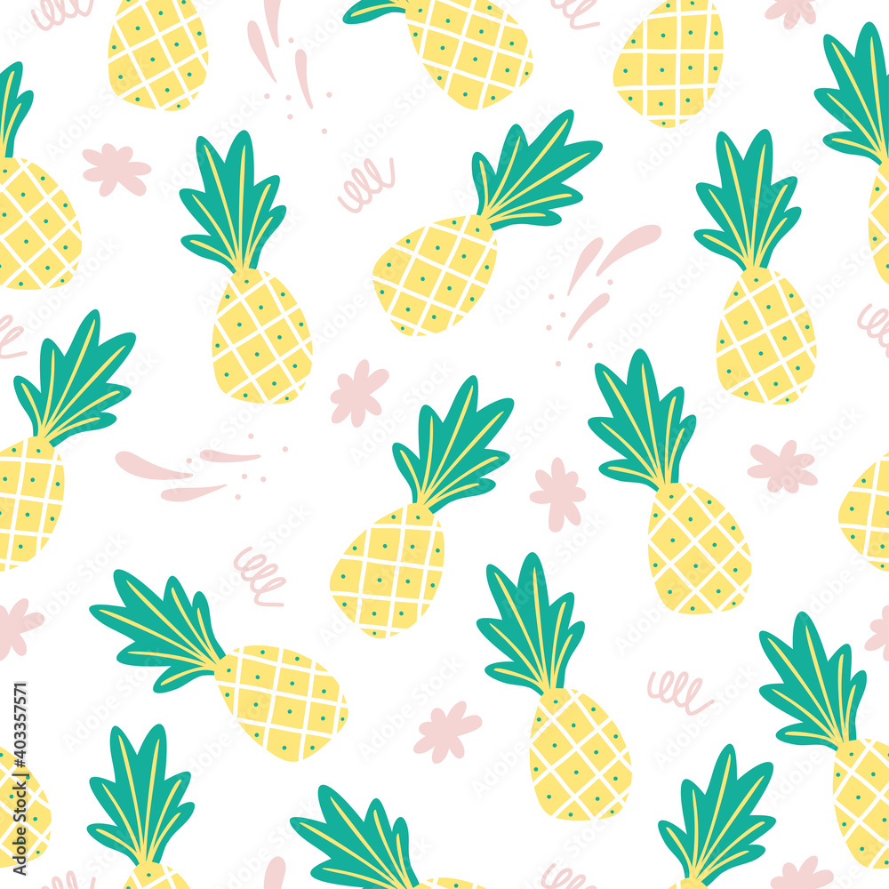 Seamless pattern with hand drawn pineapples in a white background. Simple illustration in a flat style. It can be used for decoration of textile, paper and other surfaces. Seamless pattern with hand drawn pineapples in a white background. Simple illustration in a flat style. It can be used for decoration of textile, paper and other surfaces.