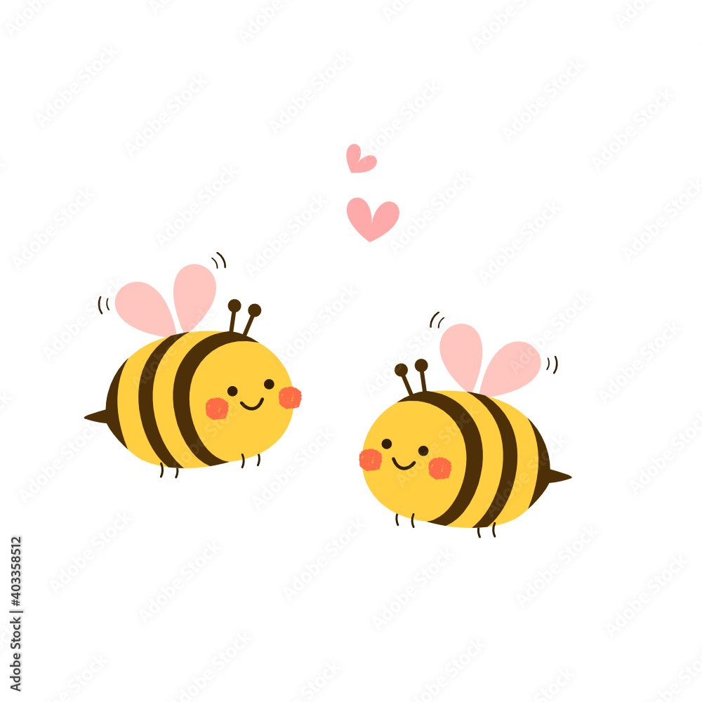Valentine's day background with cute bee cartoons and heart sign symbol on  white background vector illustration. Stock Vector
