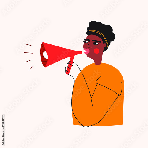 Woman speaking on megaphone. Vector hand drawn illustration. 