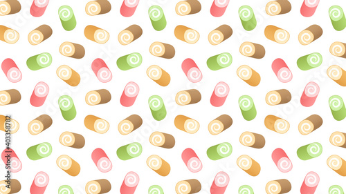 Swiss roll cake pattern wallpaper. Swiss roll cake on white background.