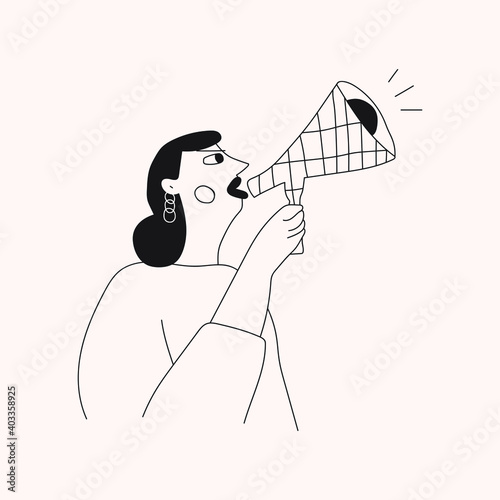 Angry woman screaming at megaphone. Vector outline illustration. 