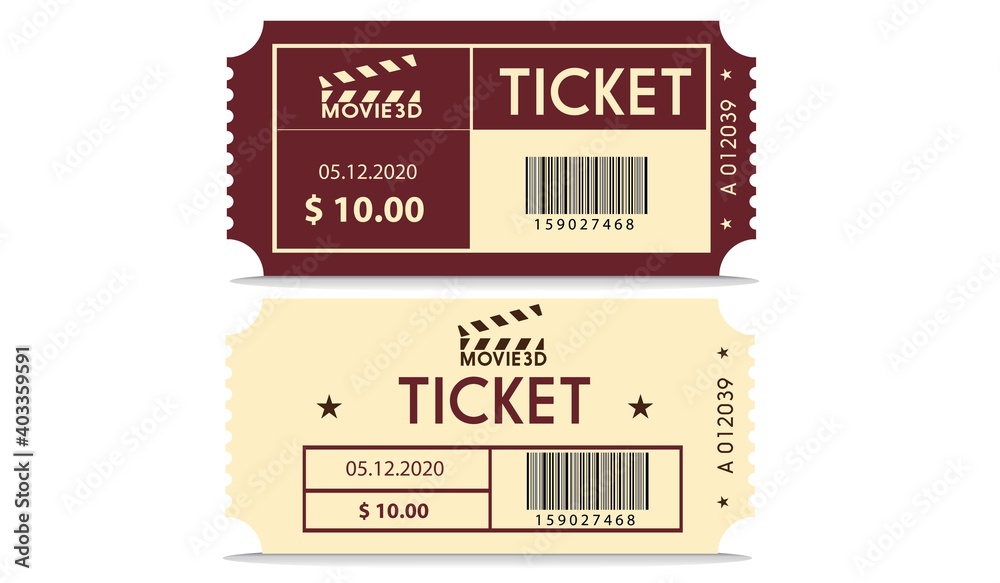 Cinema ticket. Movie ticket template isolated on white background
